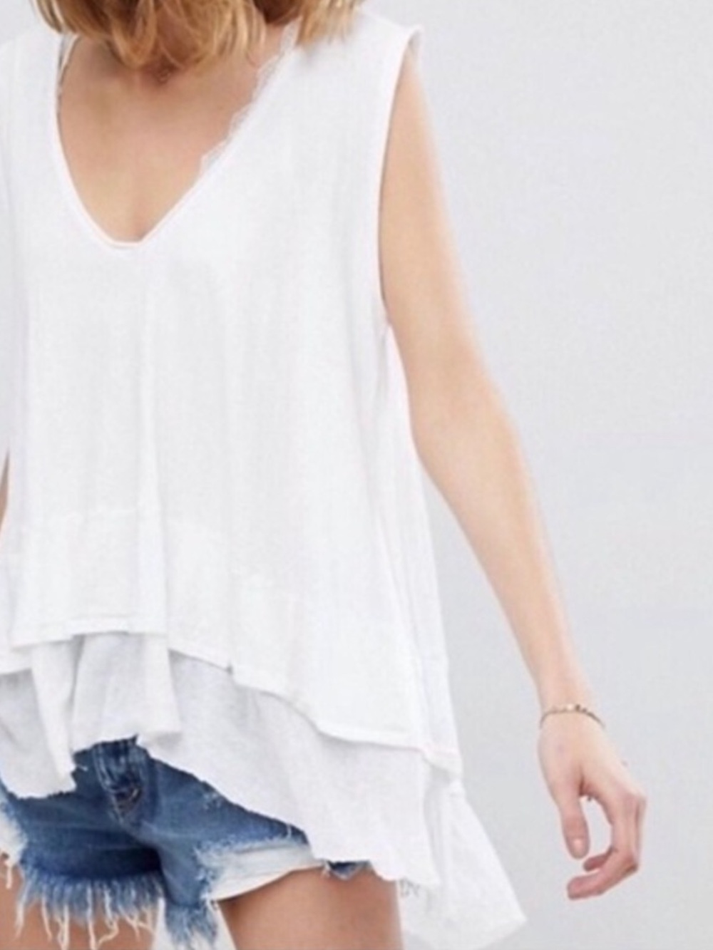 Free People Womens Boho Layered Frayed White Tank Blouse, Size Small